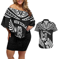 Custom New Zealand Rugby Couples Matching Off Shoulder Short Dress and Hawaiian Shirt Silver Fern Maori Pattern DT04 Black - Polynesian Pride