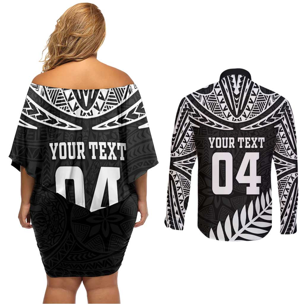 Custom New Zealand Rugby Couples Matching Off Shoulder Short Dress and Long Sleeve Button Shirt Silver Fern Maori Pattern