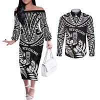 Custom New Zealand Rugby Couples Matching Off The Shoulder Long Sleeve Dress and Long Sleeve Button Shirt Silver Fern Maori Pattern