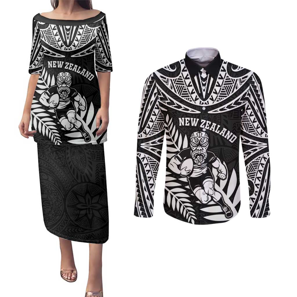 Custom New Zealand Rugby Couples Matching Puletasi and Long Sleeve Button Shirt Silver Fern Maori Pattern