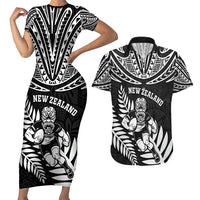 Custom New Zealand Rugby Couples Matching Short Sleeve Bodycon Dress and Hawaiian Shirt Silver Fern Maori Pattern DT04 Black - Polynesian Pride