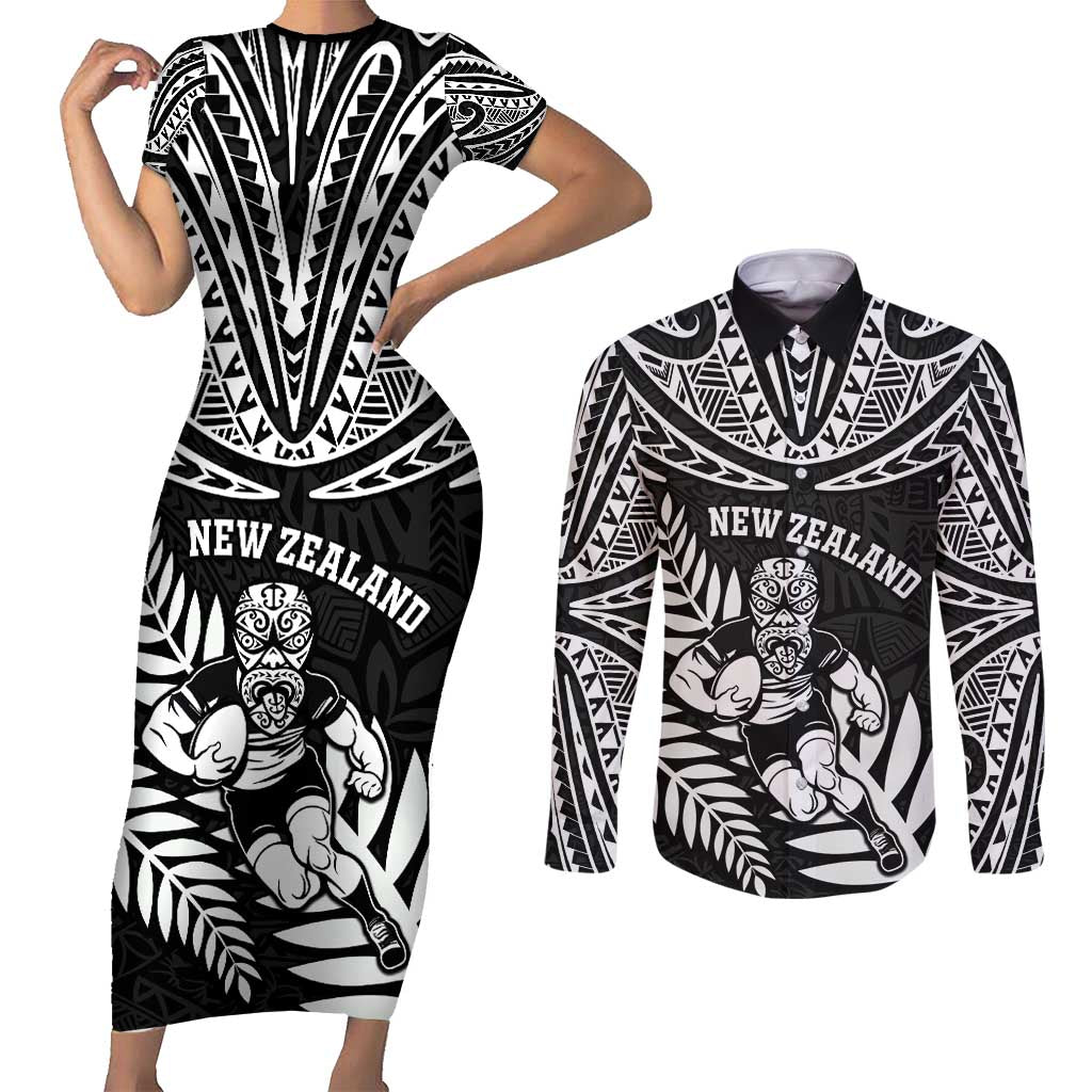 Custom New Zealand Rugby Couples Matching Short Sleeve Bodycon Dress and Long Sleeve Button Shirt Silver Fern Maori Pattern