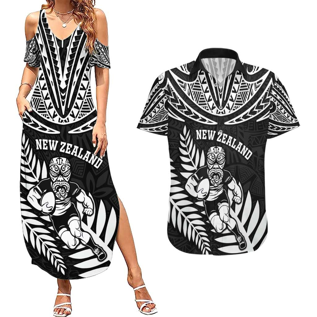 Custom New Zealand Rugby Couples Matching Summer Maxi Dress and Hawaiian Shirt Silver Fern Maori Pattern DT04 Black - Polynesian Pride