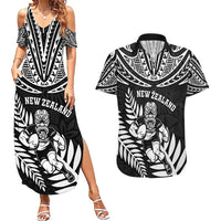 Custom New Zealand Rugby Couples Matching Summer Maxi Dress and Hawaiian Shirt Silver Fern Maori Pattern DT04 Black - Polynesian Pride