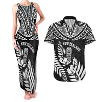 Custom New Zealand Rugby Couples Matching Tank Maxi Dress and Hawaiian Shirt Silver Fern Maori Pattern DT04 Black - Polynesian Pride