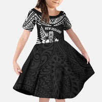 Custom New Zealand Rugby Family Matching Mermaid Dress and Hawaiian Shirt Silver Fern Maori Pattern DT04 Daughter's Dress Black - Polynesian Pride