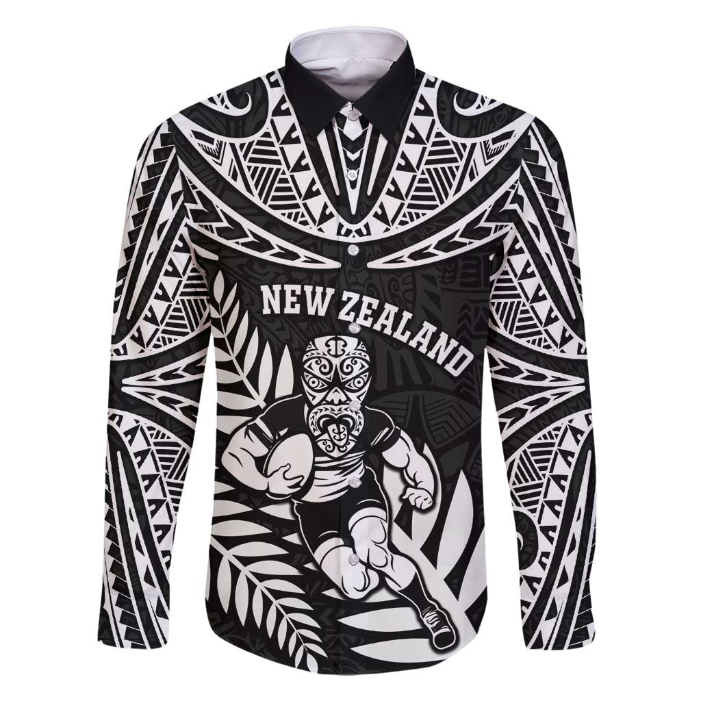 Custom New Zealand Rugby Family Matching Mermaid Dress and Hawaiian Shirt Silver Fern Maori Pattern DT04 Dad's Shirt - Long Sleeve Black - Polynesian Pride