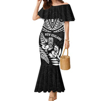 Custom New Zealand Rugby Family Matching Mermaid Dress and Hawaiian Shirt Silver Fern Maori Pattern DT04 Mom's Dress Black - Polynesian Pride