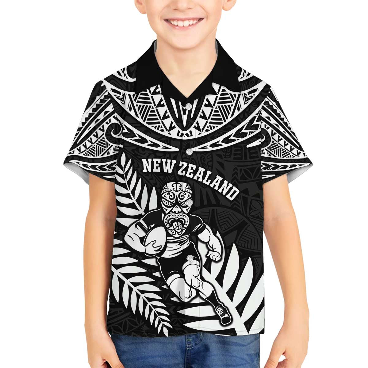 Custom New Zealand Rugby Family Matching Off The Shoulder Long Sleeve Dress and Hawaiian Shirt Silver Fern Maori Pattern