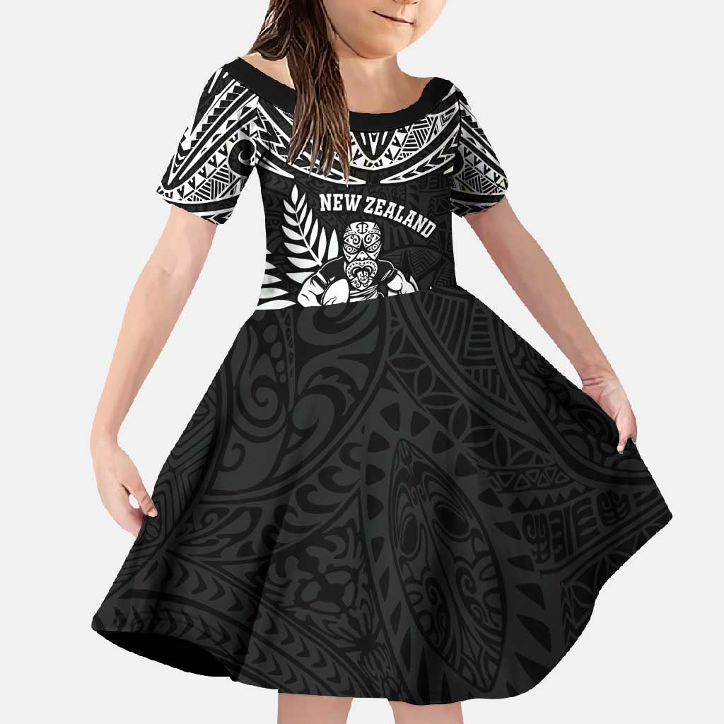 Custom New Zealand Rugby Family Matching Off Shoulder Maxi Dress and Hawaiian Shirt Silver Fern Maori Pattern DT04 Daughter's Dress Black - Polynesian Pride