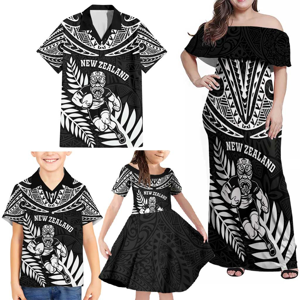 Custom New Zealand Rugby Family Matching Off Shoulder Maxi Dress and Hawaiian Shirt Silver Fern Maori Pattern
