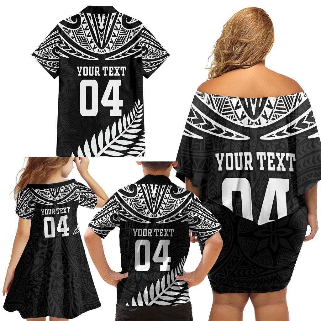 Custom New Zealand Rugby Family Matching Off Shoulder Short Dress and Hawaiian Shirt Silver Fern Maori Pattern