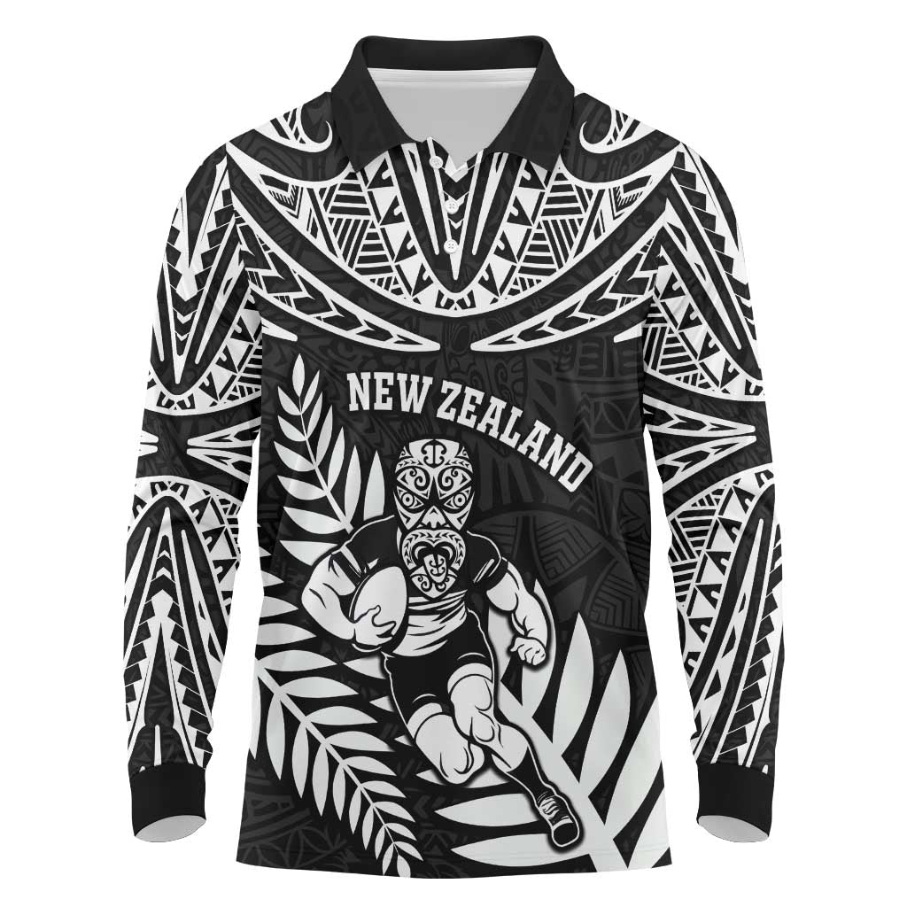 Custom New Zealand Rugby Long Sleeve Polo Shirt Silver Fern Maori Pattern