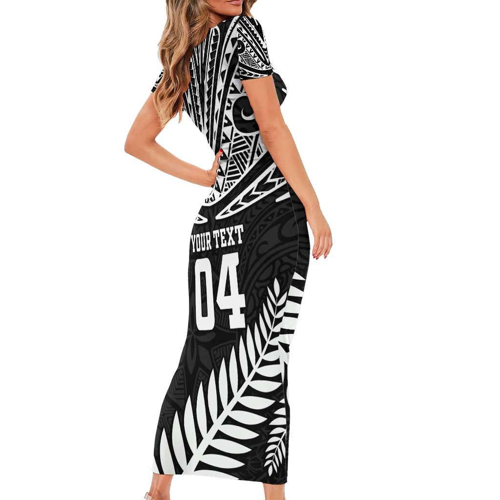 Custom New Zealand Rugby Short Sleeve Bodycon Dress Silver Fern Maori Pattern