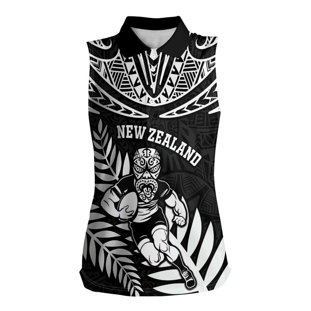 Custom New Zealand Rugby Women Sleeveless Polo Shirt Silver Fern Maori Pattern DT04 Female Black - Polynesian Pride