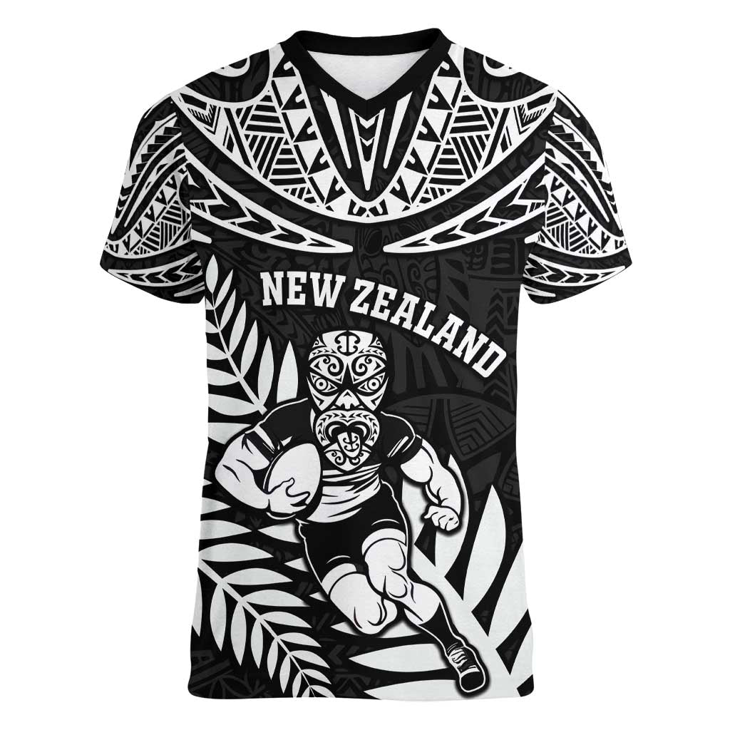 Custom New Zealand Rugby Women V-Neck T-Shirt Silver Fern Maori Pattern DT04 Female Black - Polynesian Pride