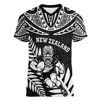 Custom New Zealand Rugby Women V-Neck T-Shirt Silver Fern Maori Pattern DT04 Female Black - Polynesian Pride