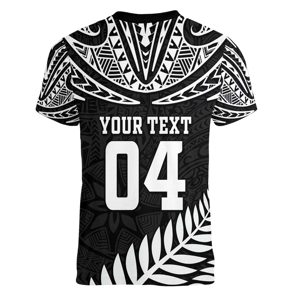 Custom New Zealand Rugby Women V-Neck T-Shirt Silver Fern Maori Pattern DT04 - Polynesian Pride