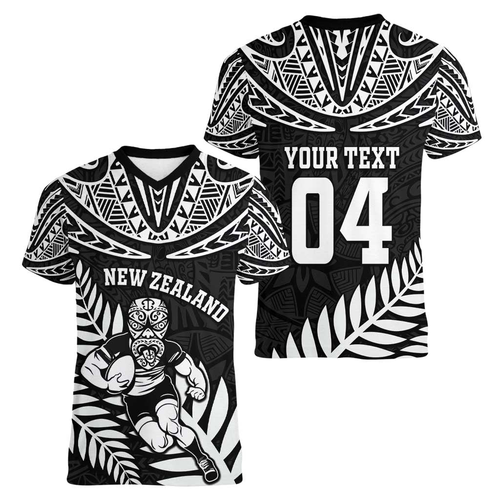 Custom New Zealand Rugby Women V-Neck T-Shirt Silver Fern Maori Pattern DT04 - Polynesian Pride