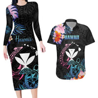 Personalised Hawaii Couples Matching Long Sleeve Bodycon Dress and Hawaiian Shirt Kanaka Maoli With Fish Hook DT04 Black - Polynesian Pride