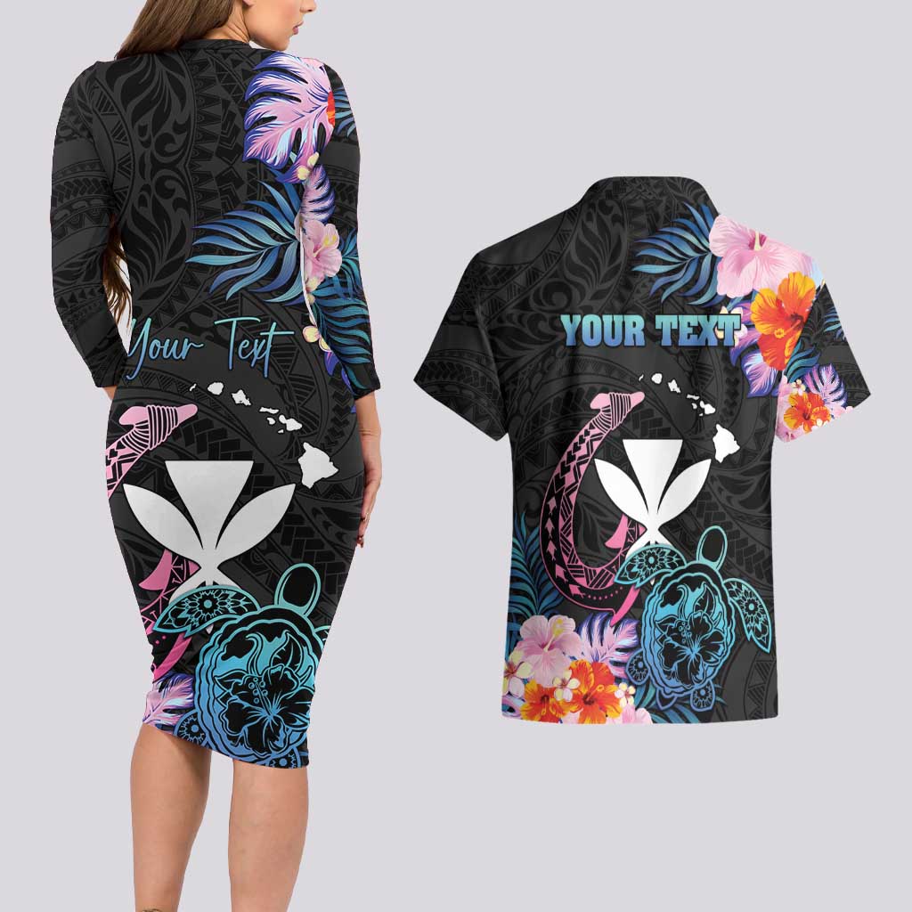 Personalised Hawaii Couples Matching Long Sleeve Bodycon Dress and Hawaiian Shirt Kanaka Maoli With Fish Hook DT04 - Polynesian Pride