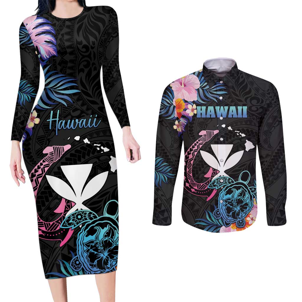 Personalised Hawaii Couples Matching Long Sleeve Bodycon Dress and Long Sleeve Button Shirt Kanaka Maoli With Fish Hook DT04 Black - Polynesian Pride