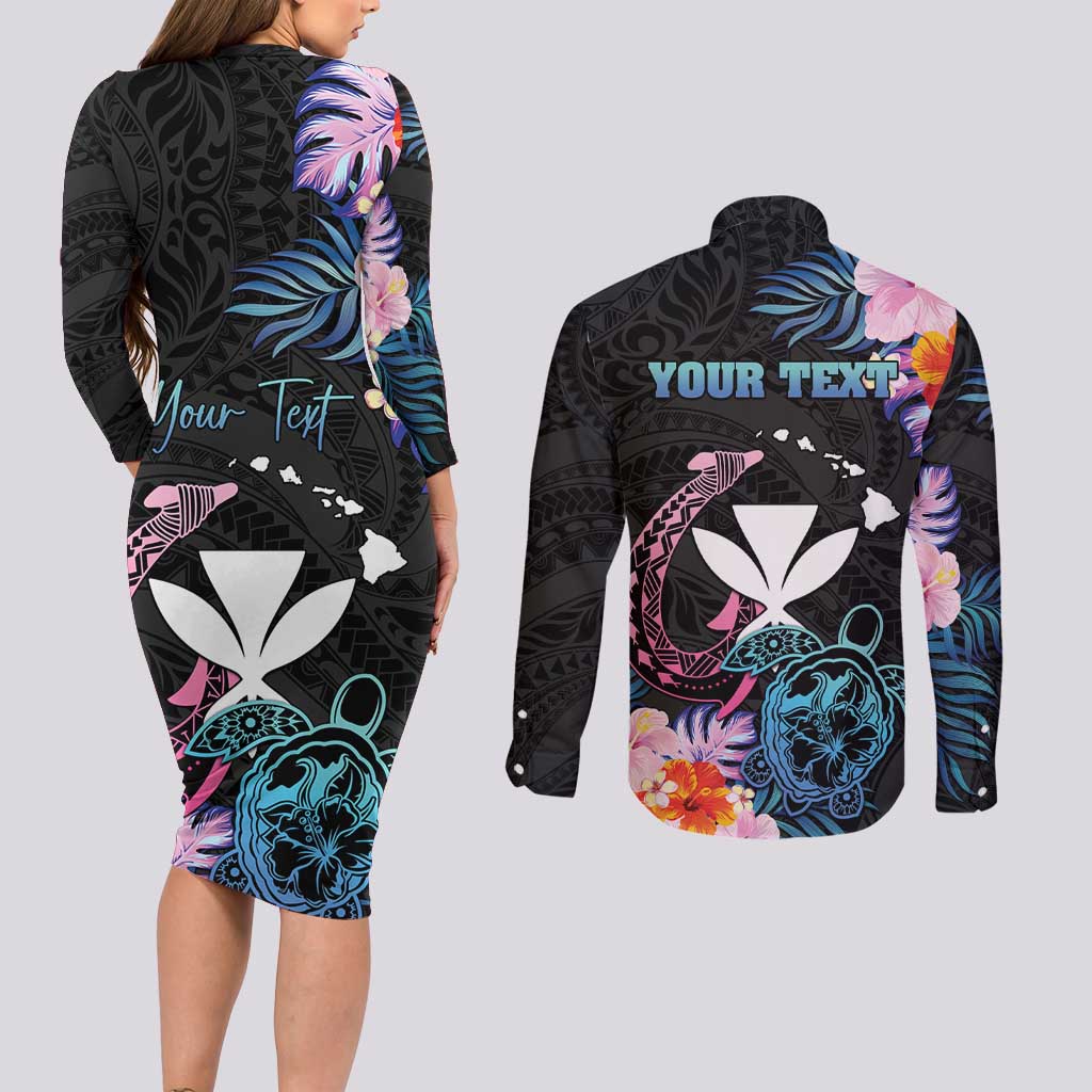 Personalised Hawaii Couples Matching Long Sleeve Bodycon Dress and Long Sleeve Button Shirt Kanaka Maoli With Fish Hook DT04 - Polynesian Pride