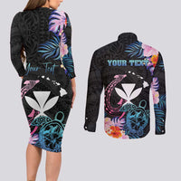 Personalised Hawaii Couples Matching Long Sleeve Bodycon Dress and Long Sleeve Button Shirt Kanaka Maoli With Fish Hook DT04 - Polynesian Pride