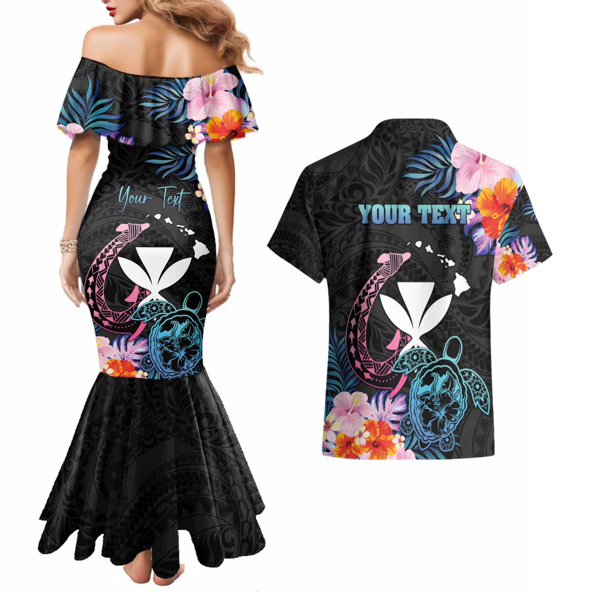 Personalised Hawaii Couples Matching Mermaid Dress and Hawaiian Shirt Kanaka Maoli With Fish Hook DT04 - Polynesian Pride