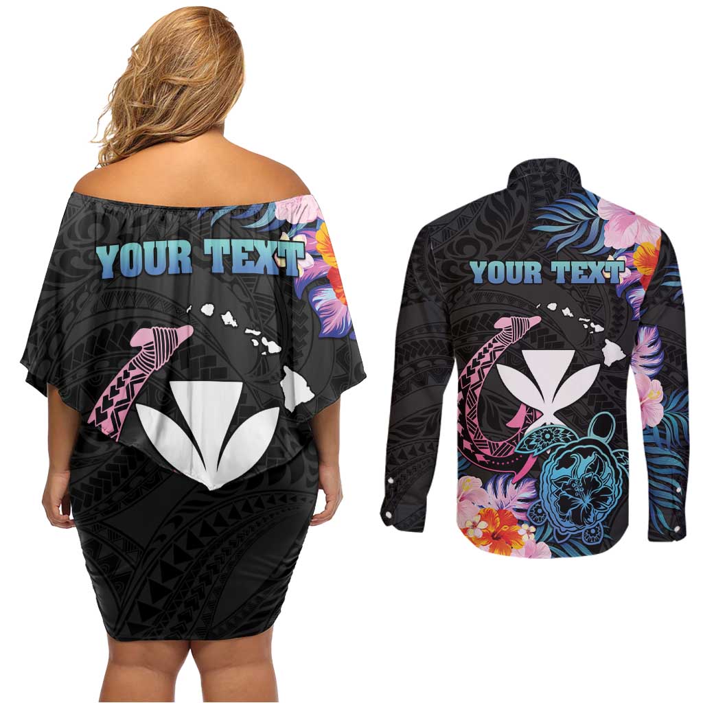 Personalised Hawaii Couples Matching Off Shoulder Short Dress and Long Sleeve Button Shirt Kanaka Maoli With Fish Hook
