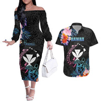 Personalised Hawaii Couples Matching Off The Shoulder Long Sleeve Dress and Hawaiian Shirt Kanaka Maoli With Fish Hook DT04 Black - Polynesian Pride