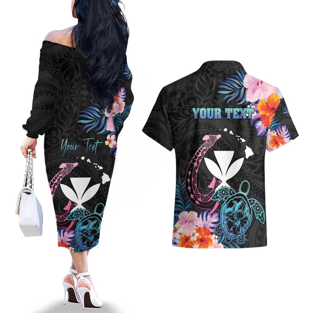 Personalised Hawaii Couples Matching Off The Shoulder Long Sleeve Dress and Hawaiian Shirt Kanaka Maoli With Fish Hook DT04 - Polynesian Pride