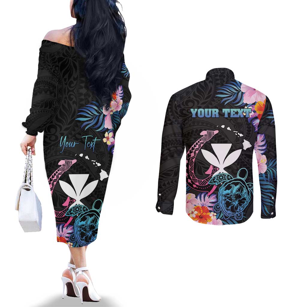 Personalised Hawaii Couples Matching Off The Shoulder Long Sleeve Dress and Long Sleeve Button Shirt Kanaka Maoli With Fish Hook DT04 - Polynesian Pride