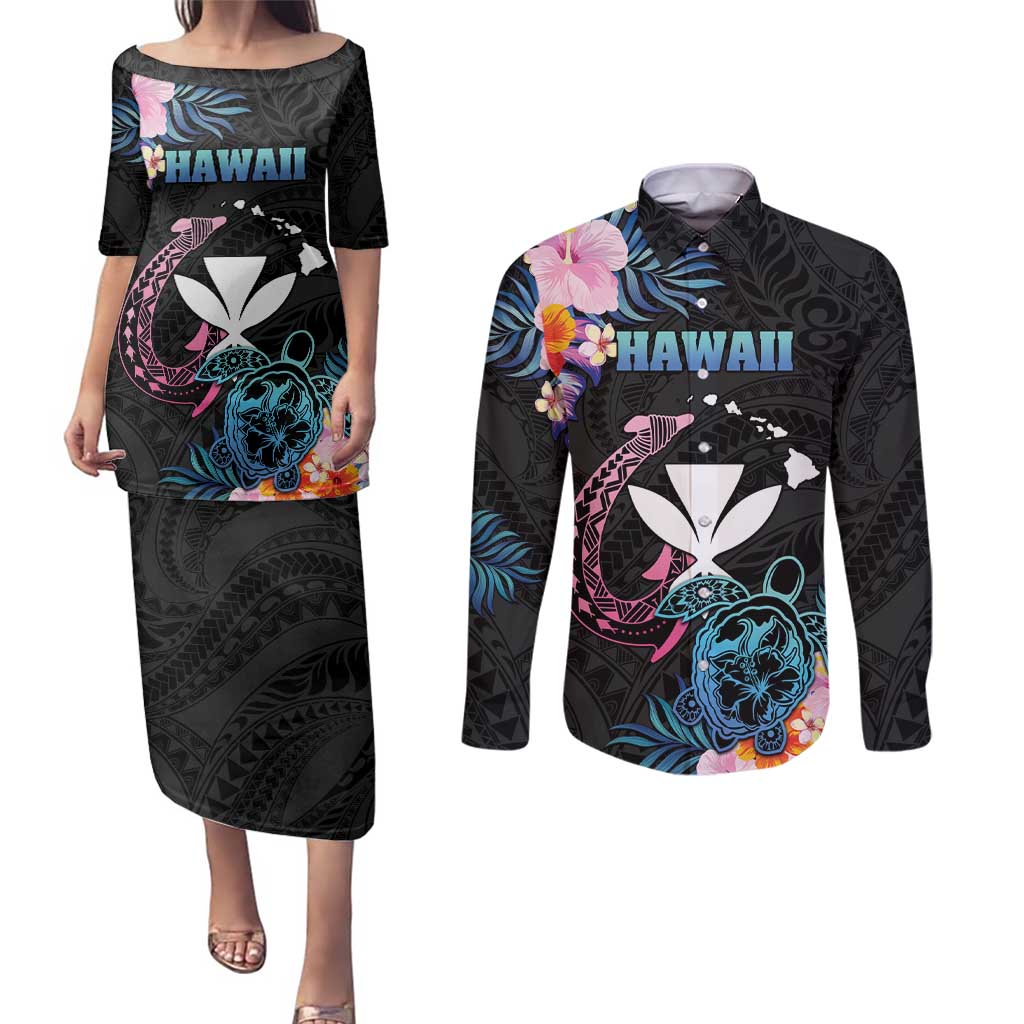 Personalised Hawaii Couples Matching Puletasi and Long Sleeve Button Shirt Kanaka Maoli With Fish Hook