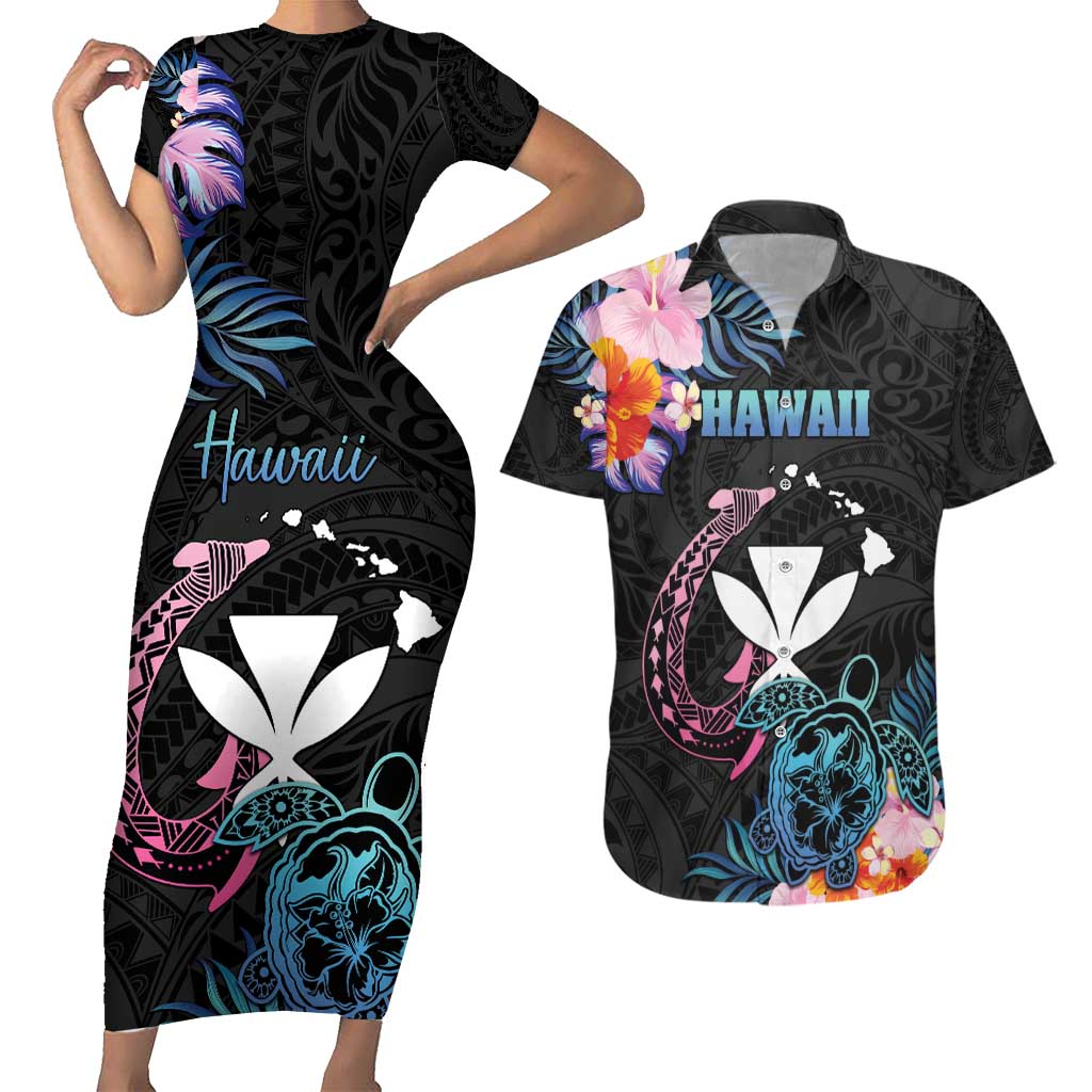 Personalised Hawaii Couples Matching Short Sleeve Bodycon Dress and Hawaiian Shirt Kanaka Maoli With Fish Hook DT04 Black - Polynesian Pride