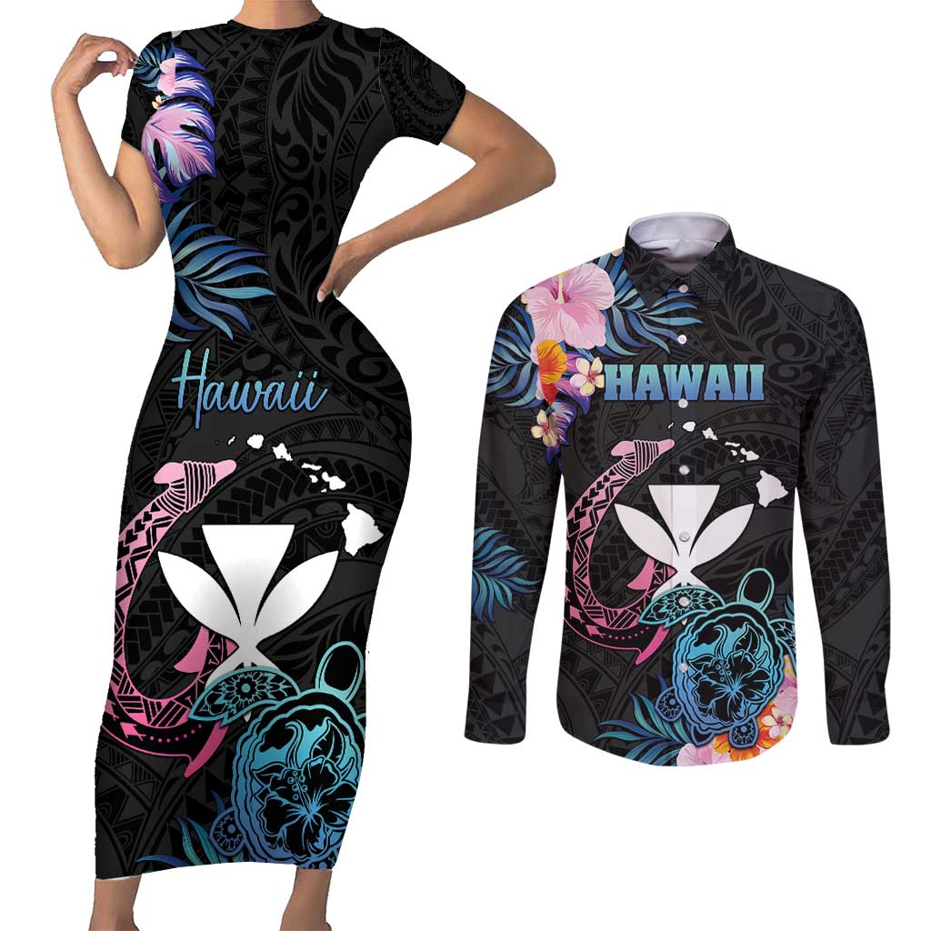 Personalised Hawaii Couples Matching Short Sleeve Bodycon Dress and Long Sleeve Button Shirt Kanaka Maoli With Fish Hook DT04 Black - Polynesian Pride