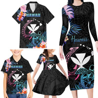 Personalised Hawaii Family Matching Long Sleeve Bodycon Dress and Hawaiian Shirt Kanaka Maoli With Fish Hook DT04 - Polynesian Pride