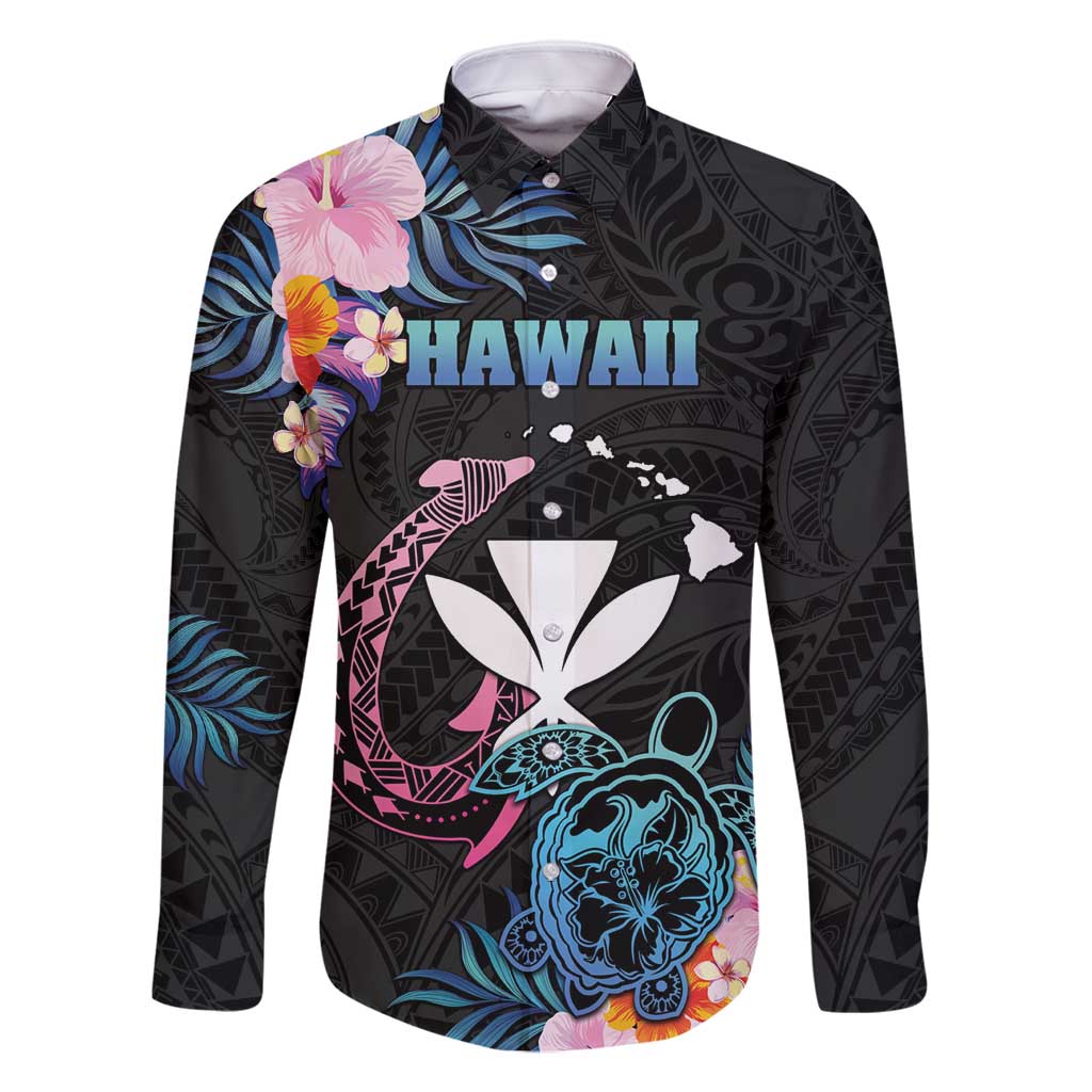Personalised Hawaii Family Matching Long Sleeve Bodycon Dress and Hawaiian Shirt Kanaka Maoli With Fish Hook DT04 Dad's Shirt - Long Sleeve Black - Polynesian Pride
