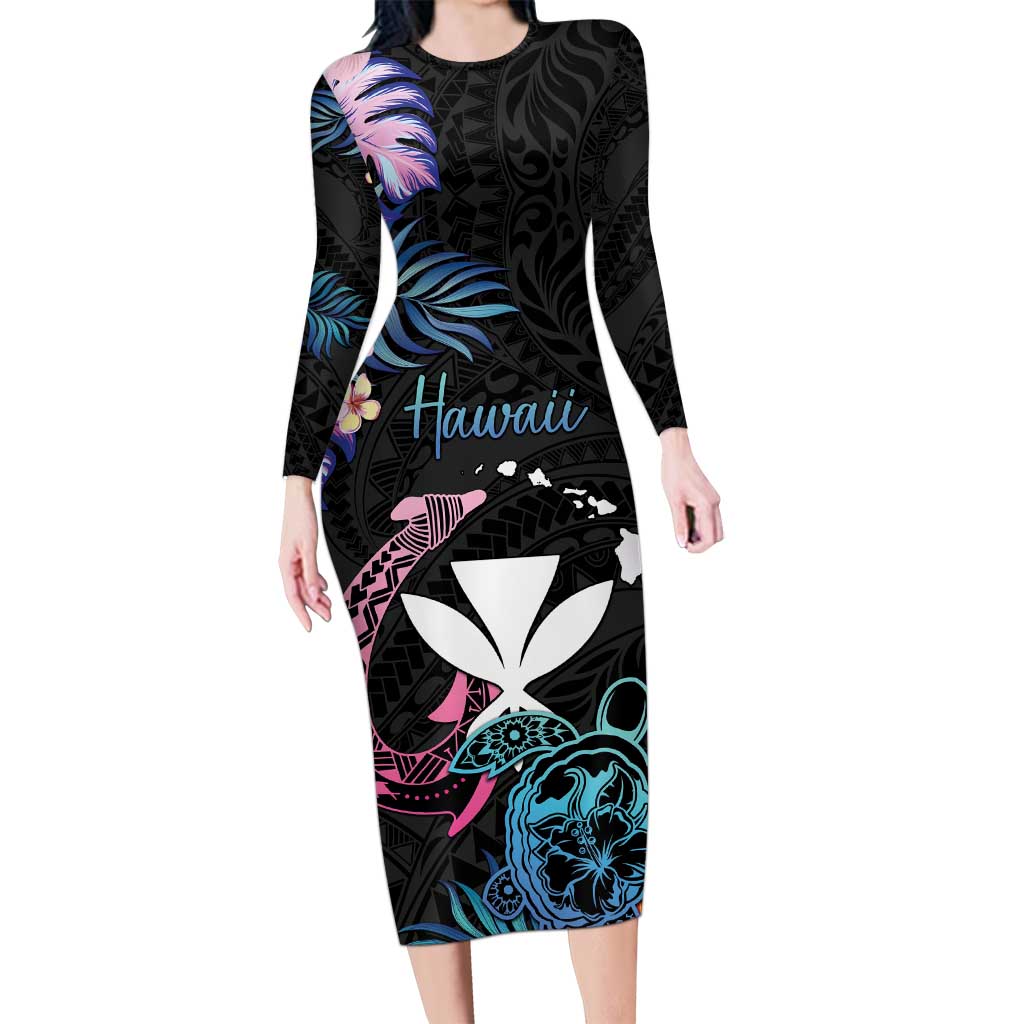 Personalised Hawaii Family Matching Long Sleeve Bodycon Dress and Hawaiian Shirt Kanaka Maoli With Fish Hook DT04 Mom's Dress Black - Polynesian Pride