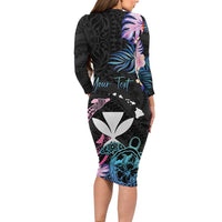 Personalised Hawaii Family Matching Long Sleeve Bodycon Dress and Hawaiian Shirt Kanaka Maoli With Fish Hook DT04 - Polynesian Pride