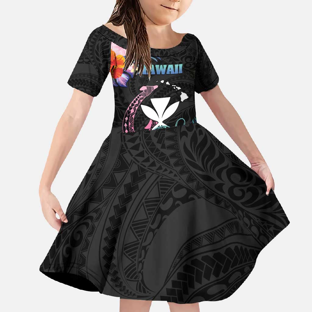 Personalised Hawaii Family Matching Off Shoulder Maxi Dress and Hawaiian Shirt Kanaka Maoli With Fish Hook DT04 Daughter's Dress Black - Polynesian Pride