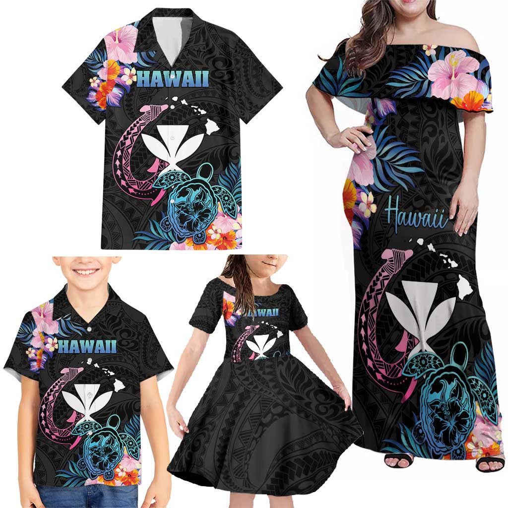 Personalised Hawaii Family Matching Off Shoulder Maxi Dress and Hawaiian Shirt Kanaka Maoli With Fish Hook DT04 - Polynesian Pride