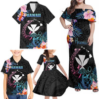 Personalised Hawaii Family Matching Off Shoulder Maxi Dress and Hawaiian Shirt Kanaka Maoli With Fish Hook DT04 - Polynesian Pride