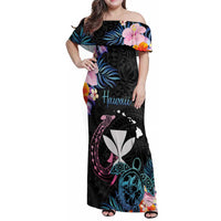 Personalised Hawaii Family Matching Off Shoulder Maxi Dress and Hawaiian Shirt Kanaka Maoli With Fish Hook DT04 Mom's Dress Black - Polynesian Pride