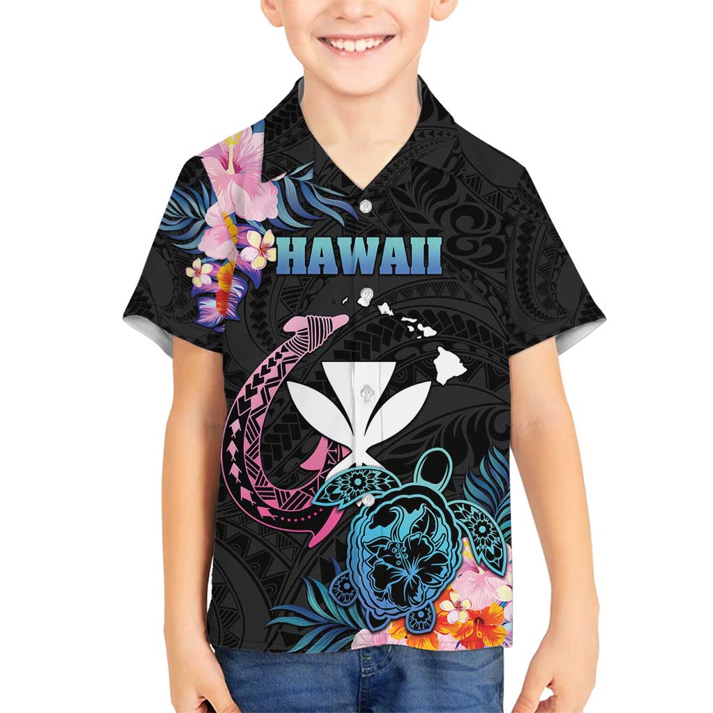 Personalised Hawaii Family Matching Off Shoulder Maxi Dress and Hawaiian Shirt Kanaka Maoli With Fish Hook DT04 Son's Shirt Black - Polynesian Pride