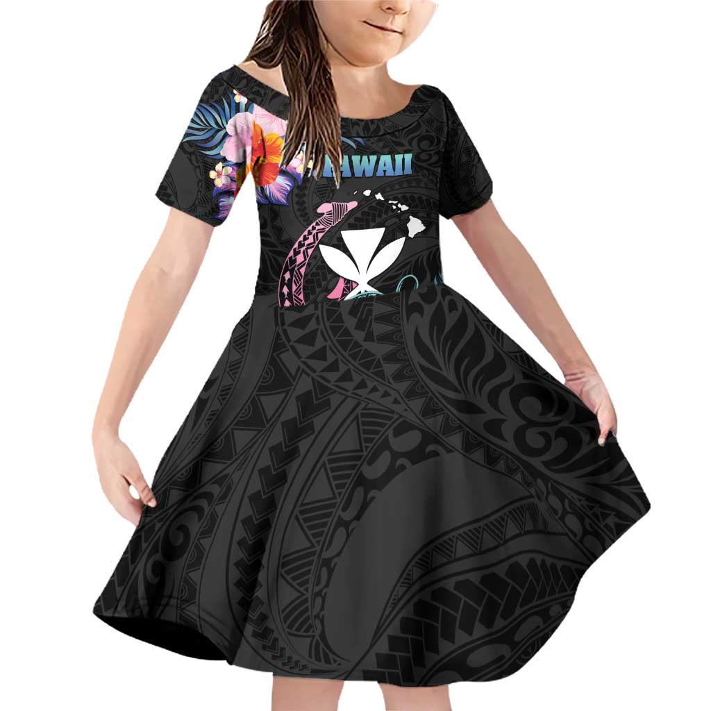 Personalised Hawaii Family Matching Off Shoulder Short Dress and Hawaiian Shirt Kanaka Maoli With Fish Hook DT04 Daughter's Dress Black - Polynesian Pride