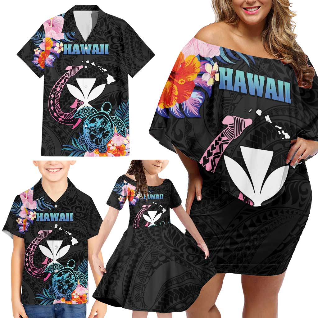 Personalised Hawaii Family Matching Off Shoulder Short Dress and Hawaiian Shirt Kanaka Maoli With Fish Hook DT04 - Polynesian Pride