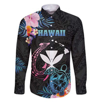 Personalised Hawaii Family Matching Short Sleeve Bodycon Dress and Hawaiian Shirt Kanaka Maoli With Fish Hook DT04 Dad's Shirt - Long Sleeve Black - Polynesian Pride