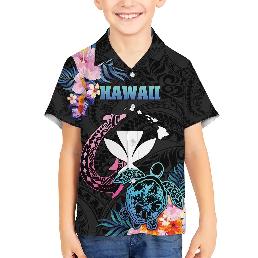Personalised Hawaii Family Matching Short Sleeve Bodycon Dress and Hawaiian Shirt Kanaka Maoli With Fish Hook DT04 Son's Shirt Black - Polynesian Pride
