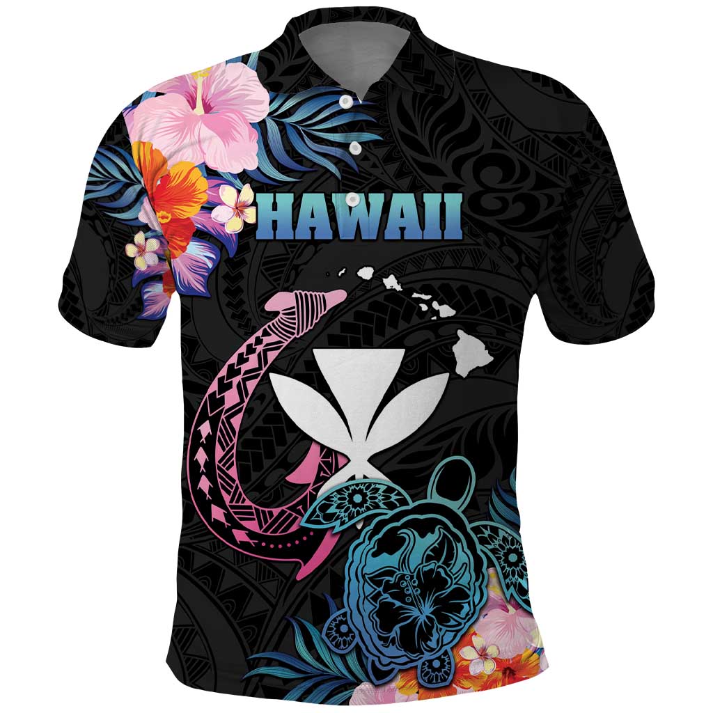Personalised Hawaii Polo Shirt Kanaka Maoli With Fish Hook DT04 Black - Polynesian Pride